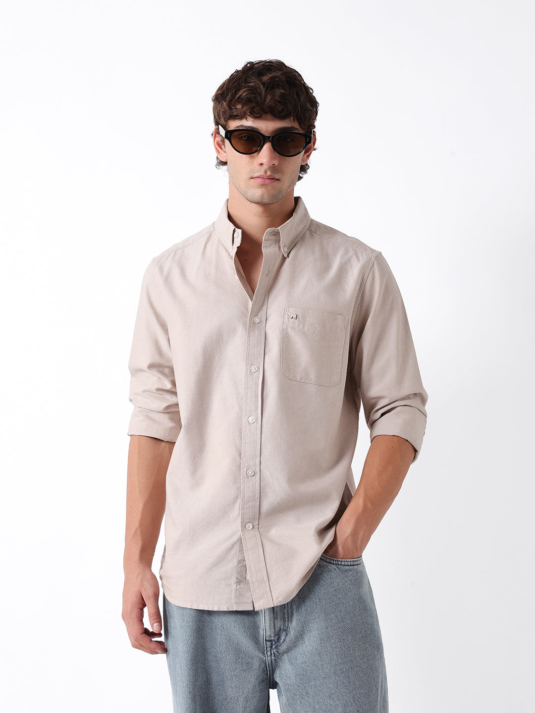 Men Beige Oxford Cotton Shirt