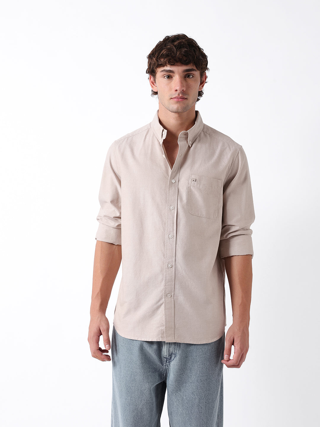 Men Beige Oxford Cotton Shirt