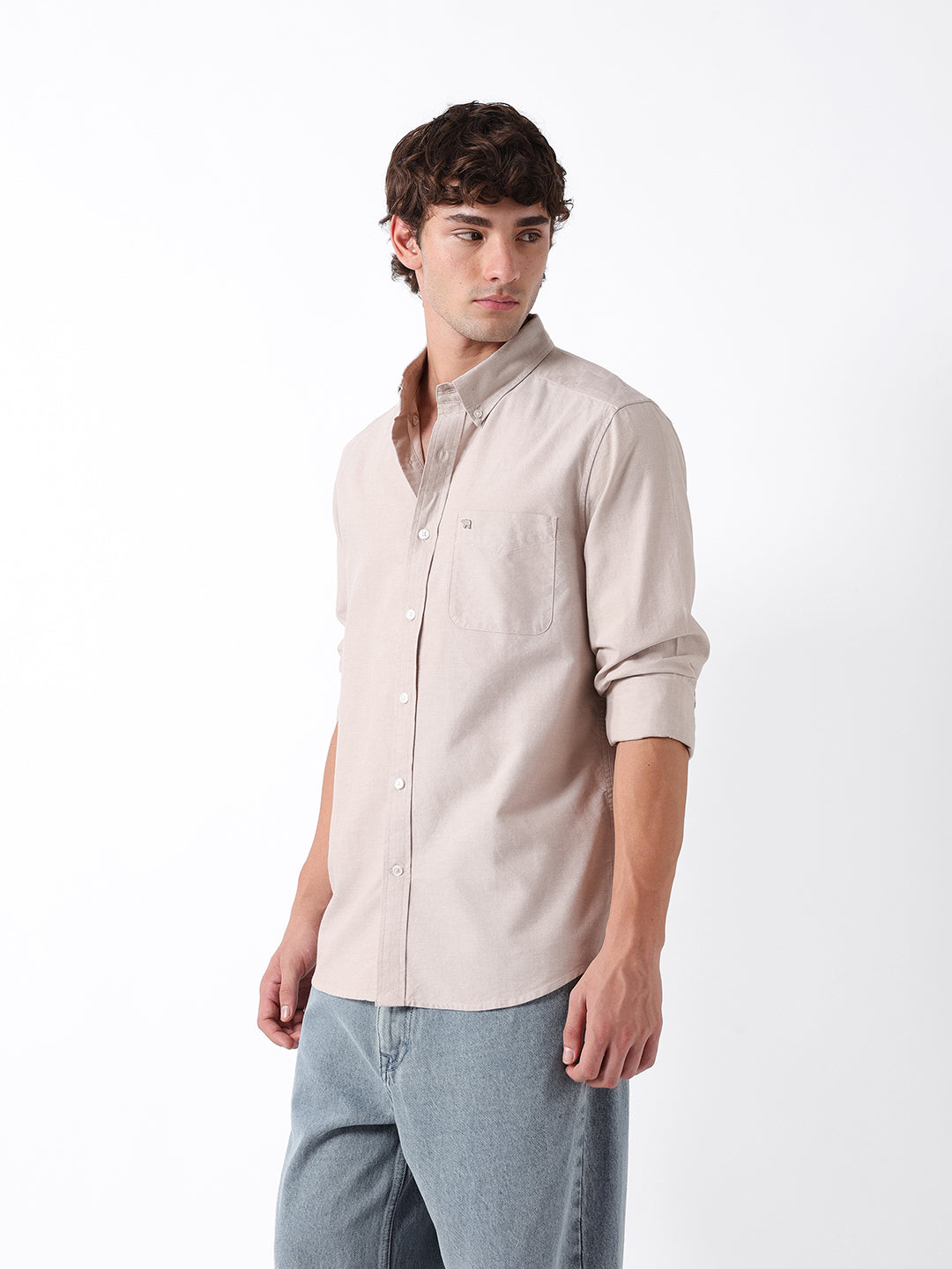 Men Beige Oxford Cotton Shirt
