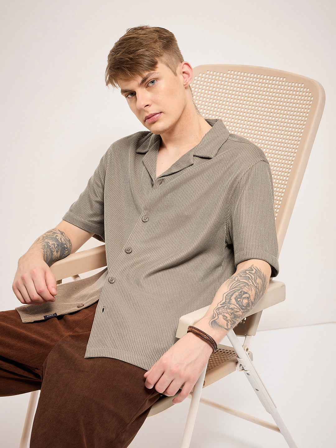 Men Brown Self Design Regular Fit Casual Shirt