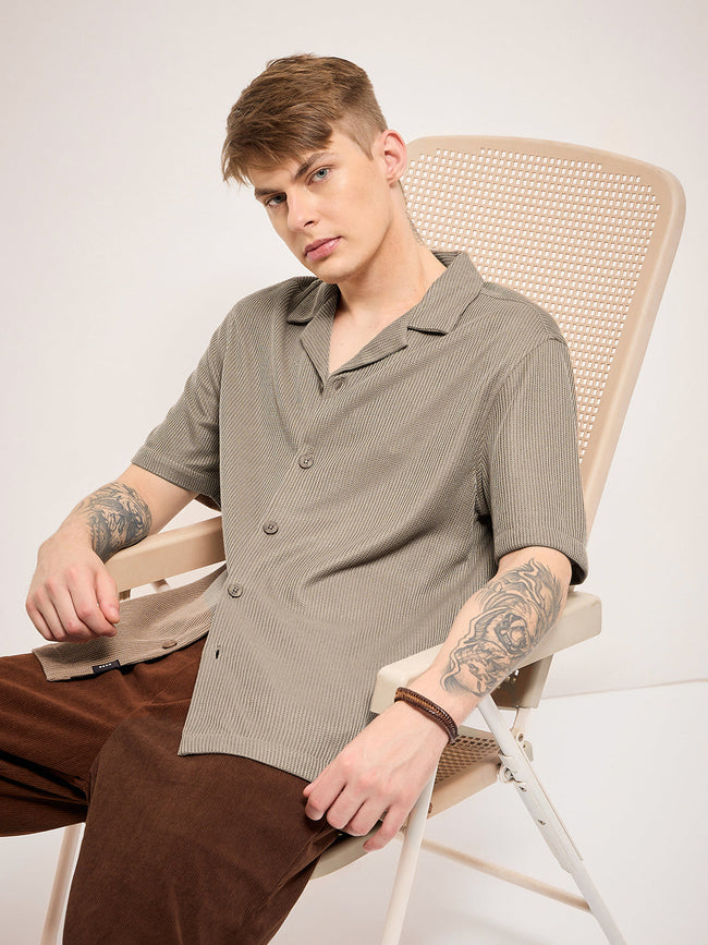 Men Brown Self Design Regular Fit Casual Shirt