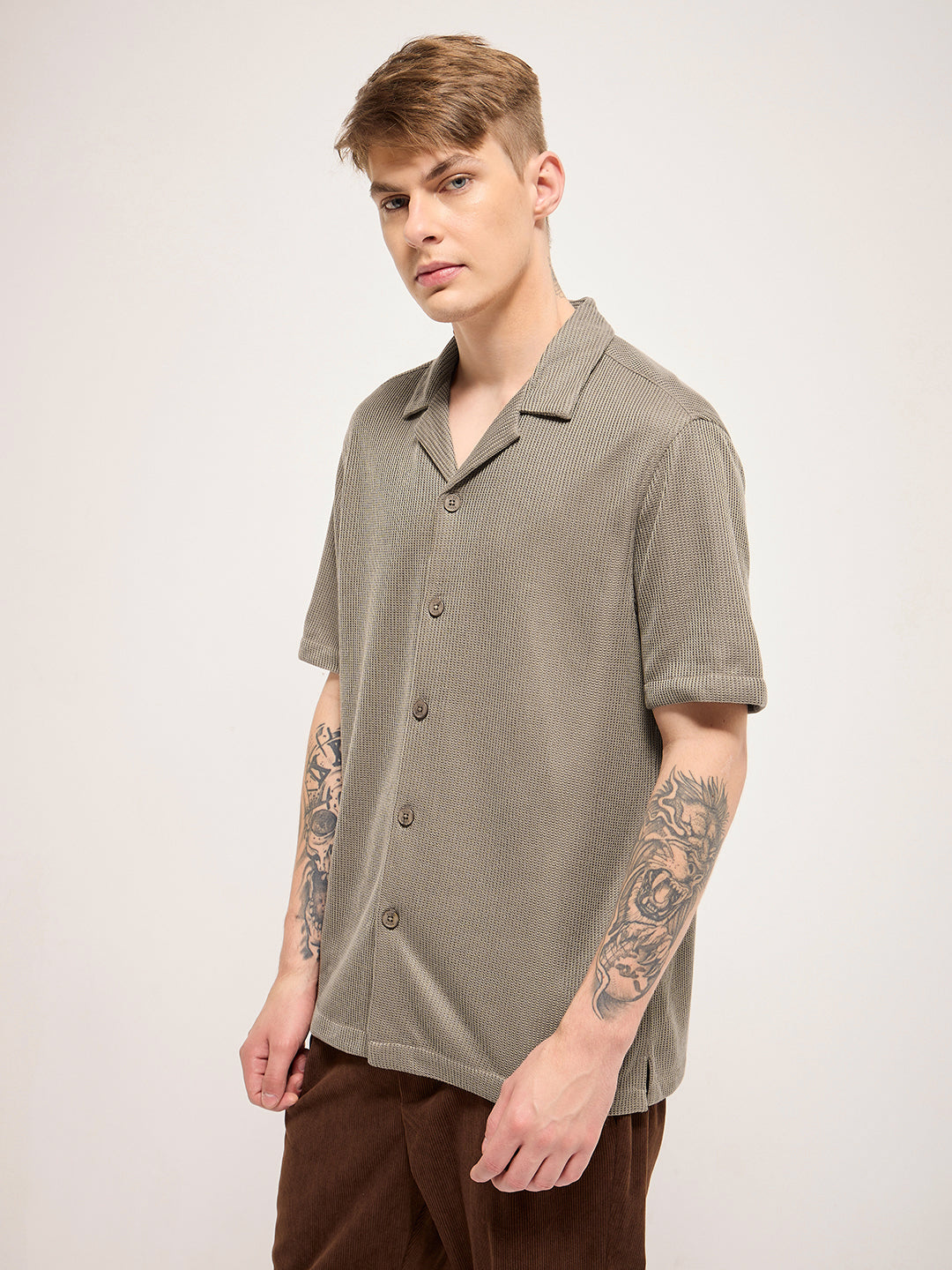 Men Brown Self Design Regular Fit Casual Shirt