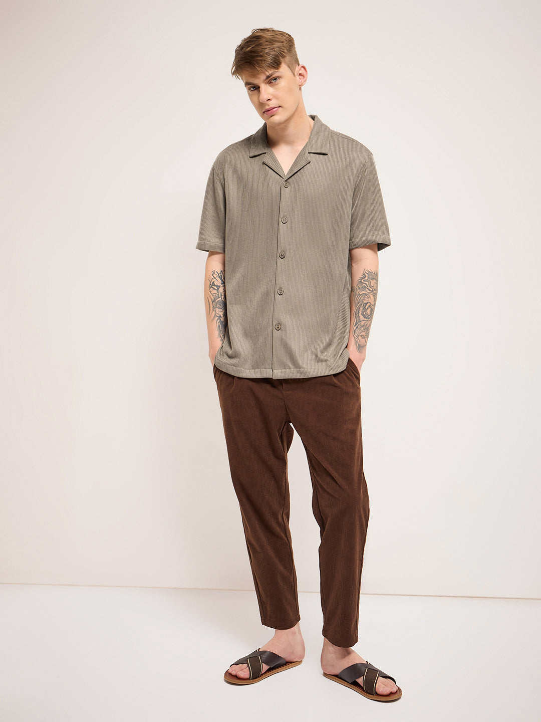 Men Brown Self Design Regular Fit Casual Shirt