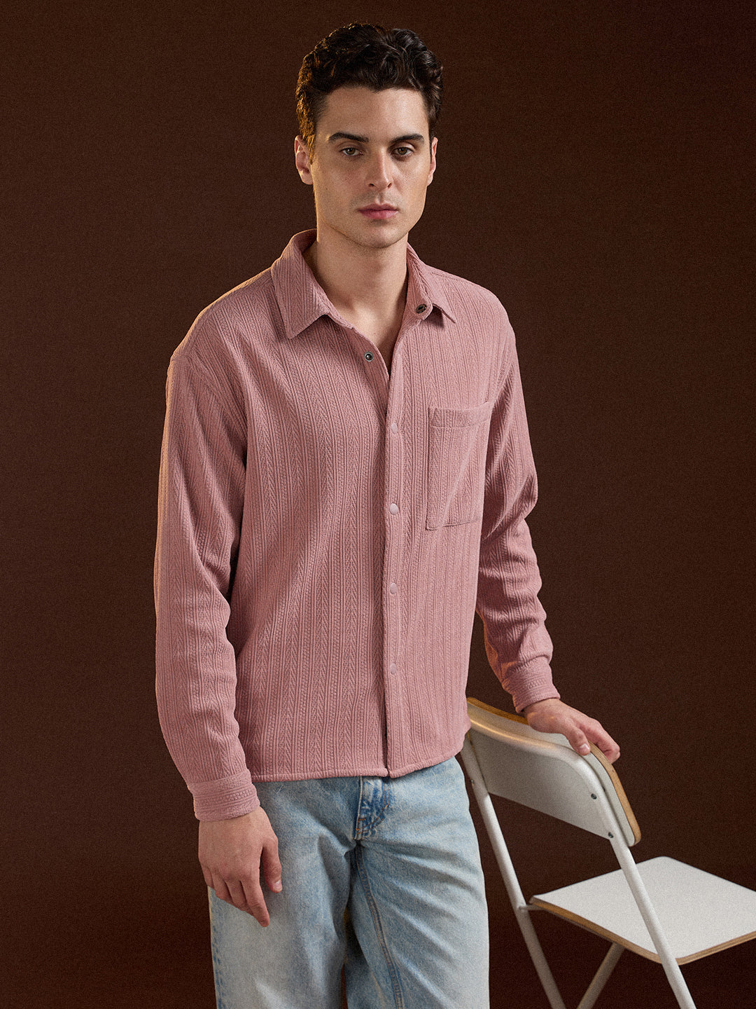Men Pink Texture Pattern Relaxed Fit Overshirt