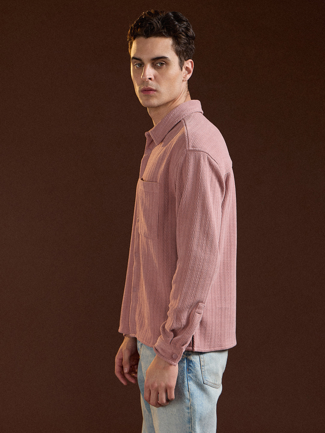 Men Pink Texture Pattern Relaxed Fit Overshirt
