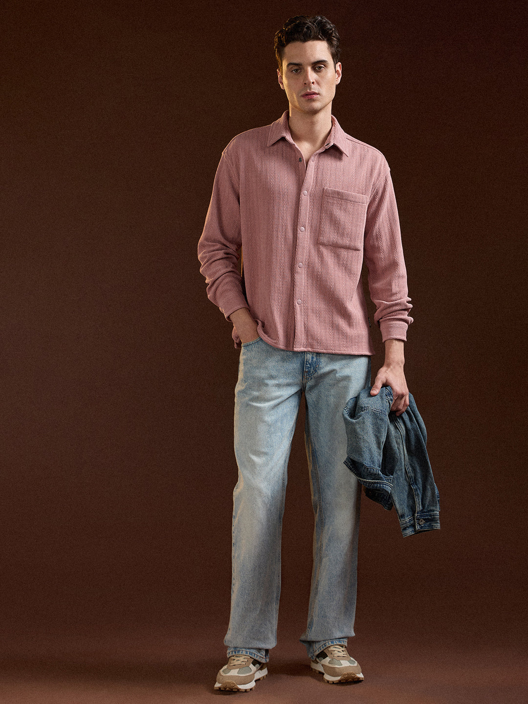 Men Pink Texture Pattern Relaxed Fit Overshirt