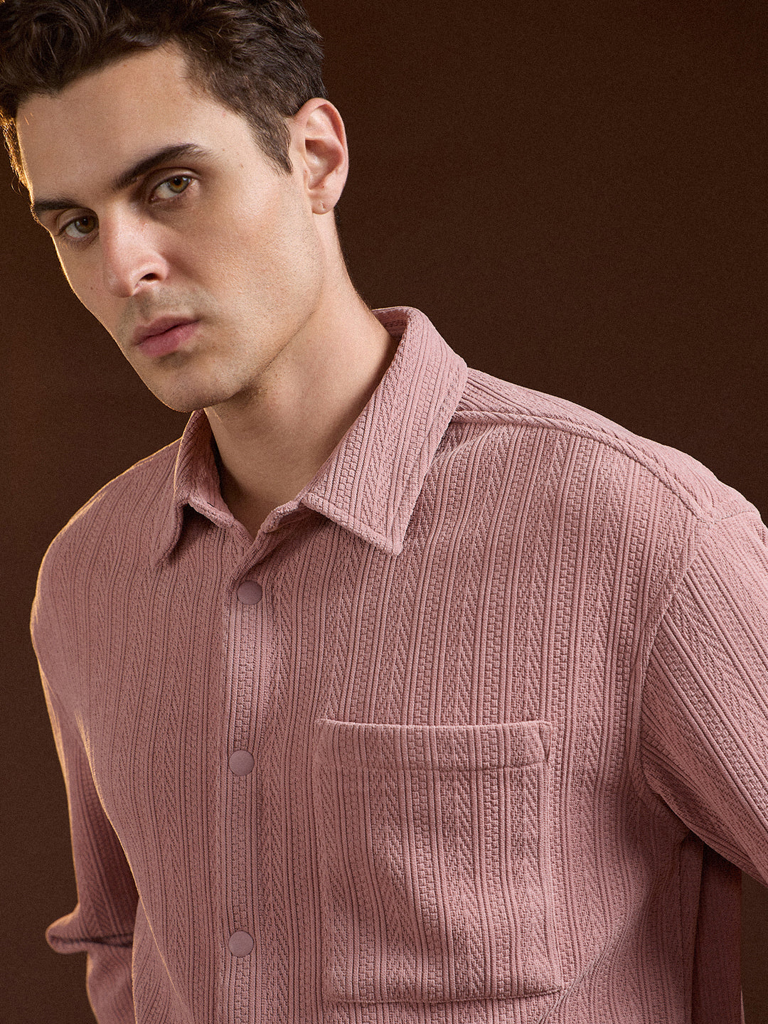 Men Pink Texture Pattern Relaxed Fit Overshirt