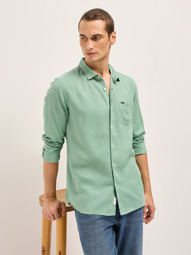 Men Light Green Solid Lyocell Slim Fit Casual Shirt
