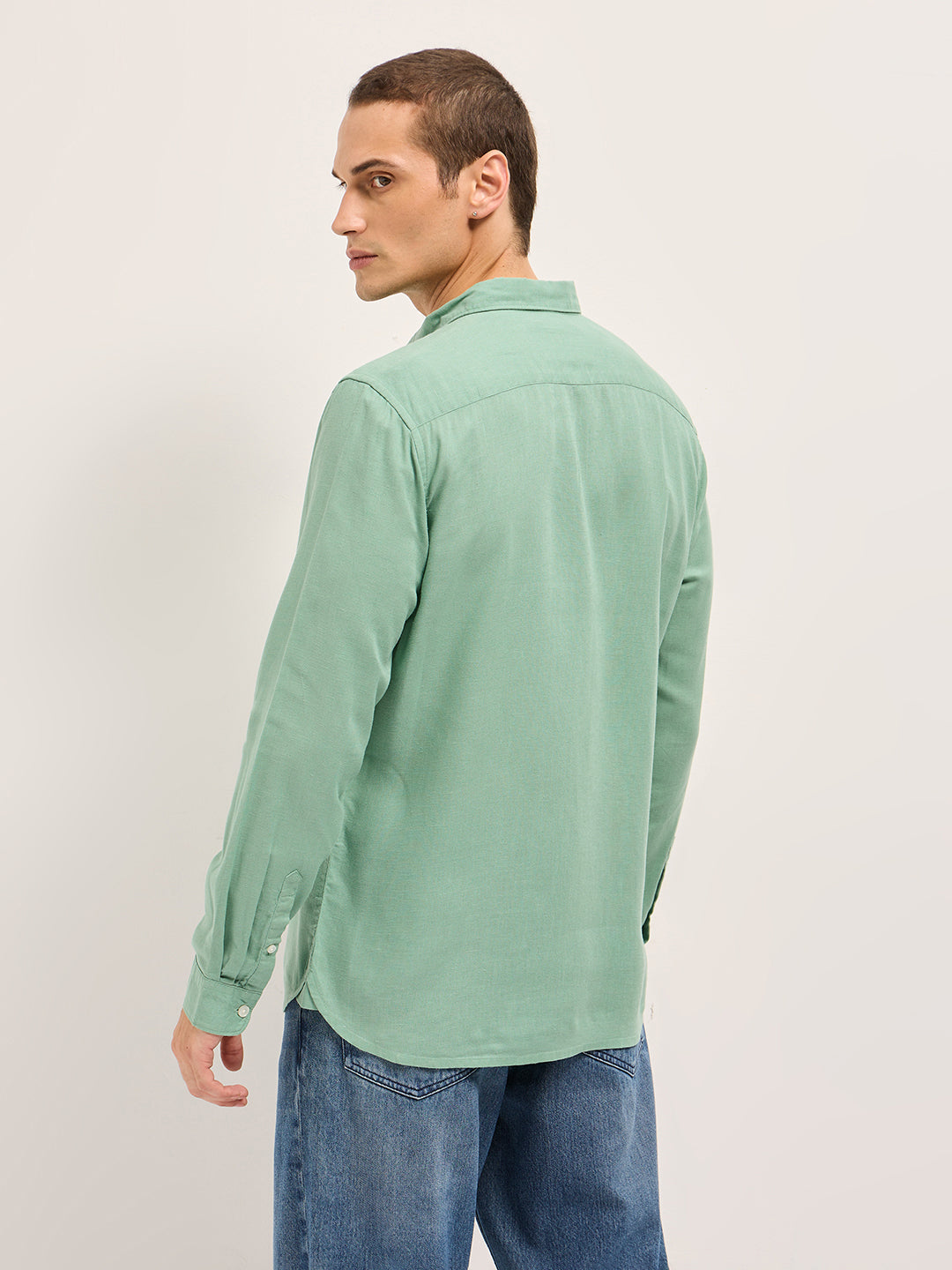 Men Light Green Solid Lyocell Slim Fit Casual Shirt