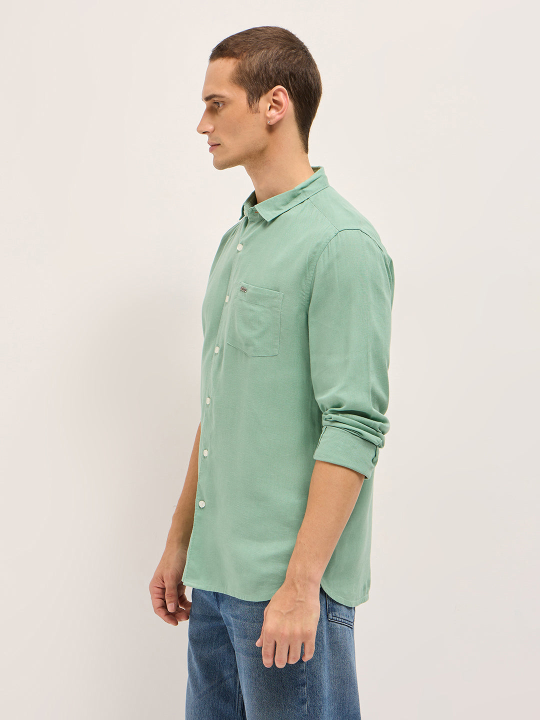 Men Light Green Solid Lyocell Slim Fit Casual Shirt