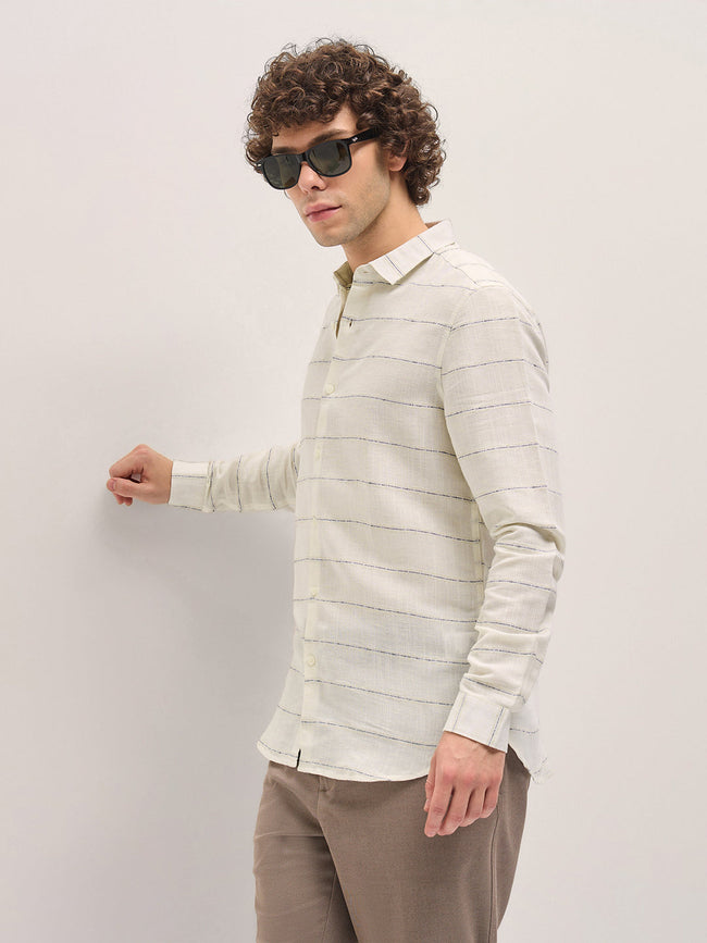 Men White Horizontal Stripes Slim Fit Casual Shirt