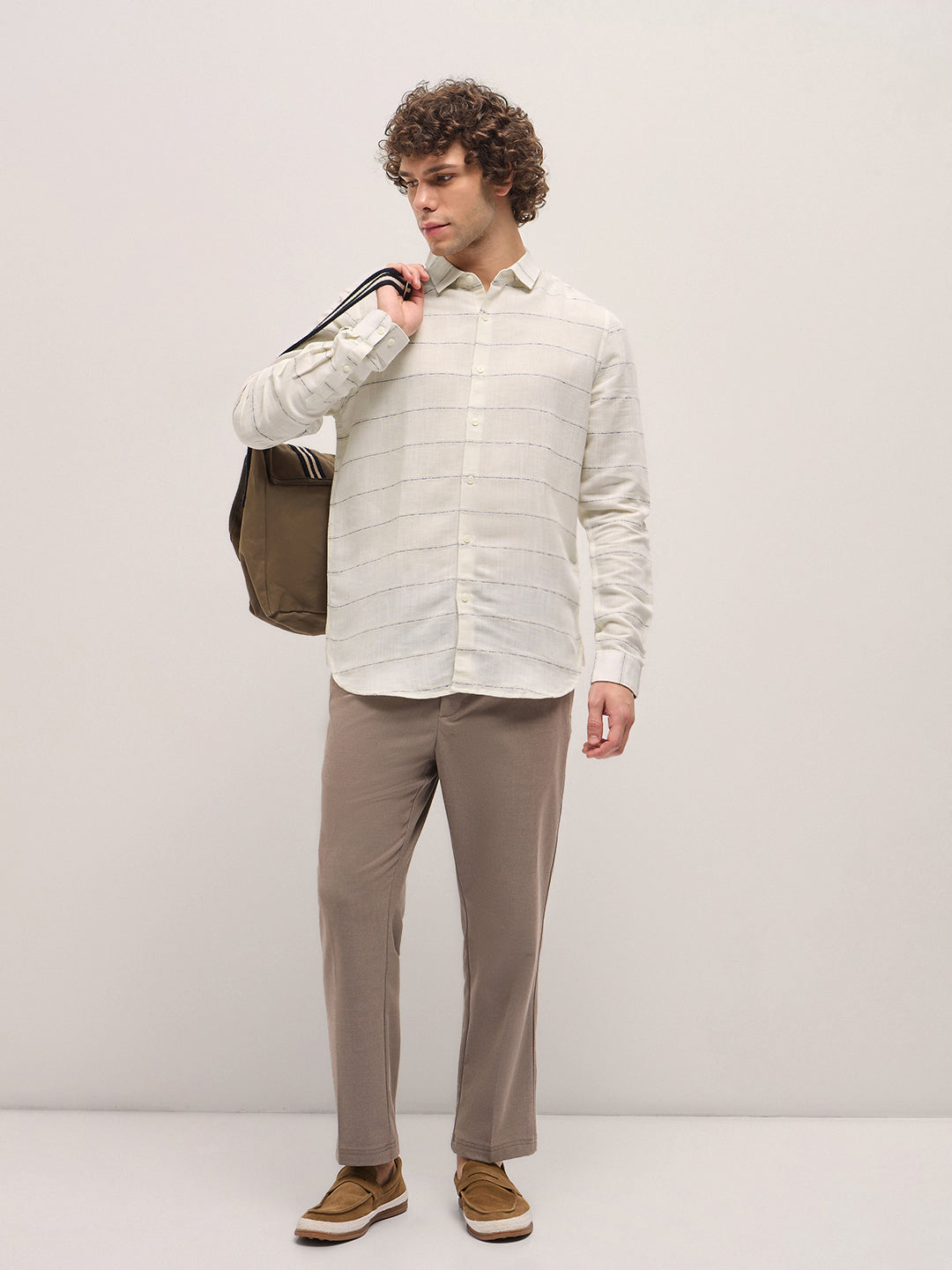 Men White Horizontal Stripes Slim Fit Casual Shirt