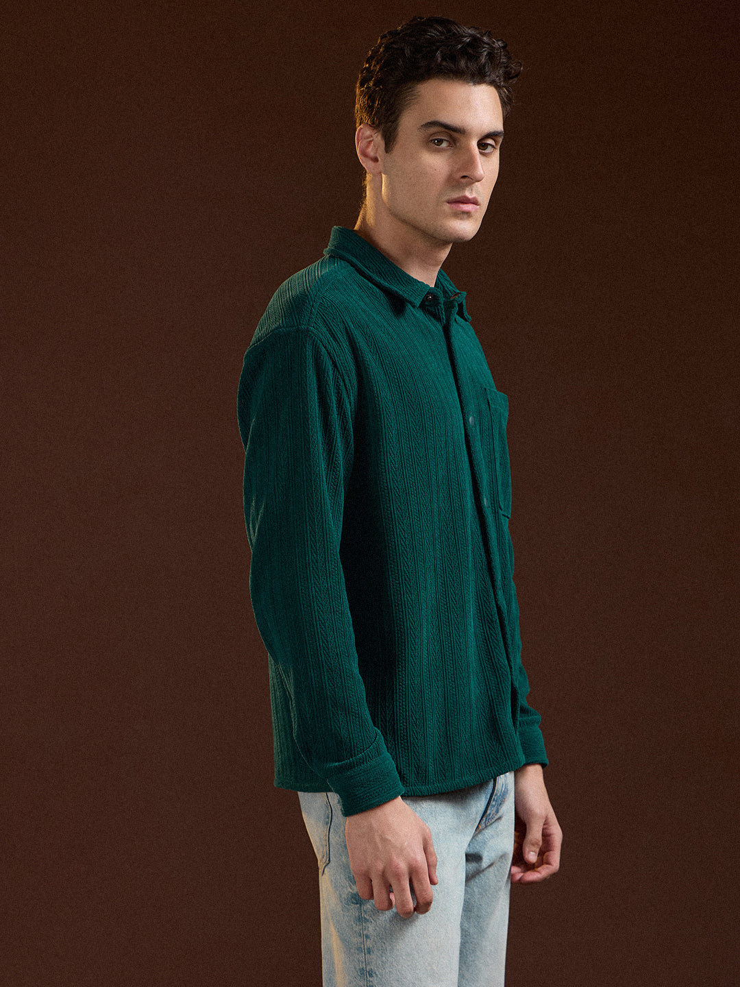 Men Teal Texture Pattern Relaxed Fit Overshirt