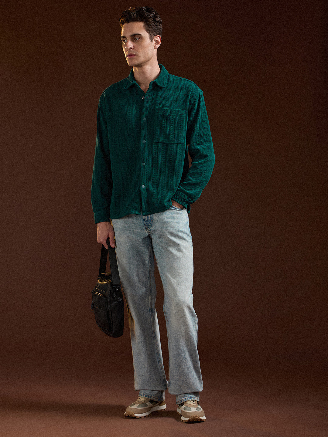 Men Teal Texture Pattern Relaxed Fit Overshirt