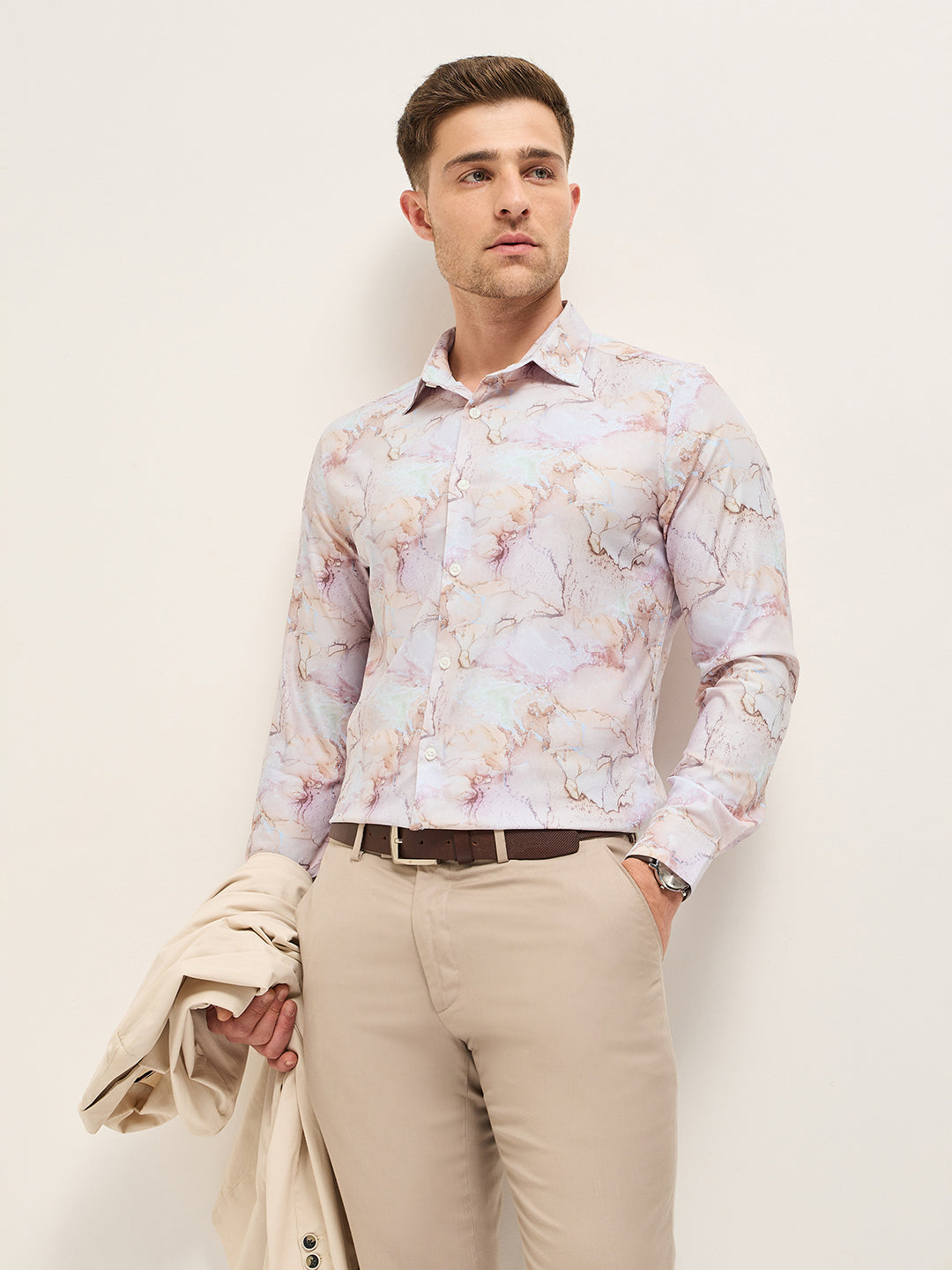 Men Shirt Pink Marble Abstract Print Tailored Fit Formal Shirt
