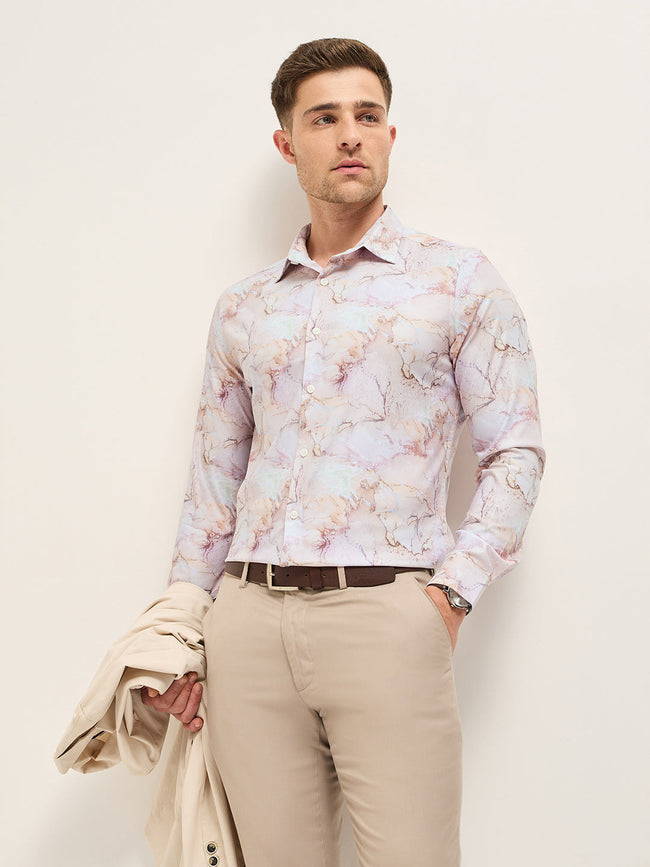 Men Shirt Pink Marble Abstract Print Tailored Fit Formal Shirt