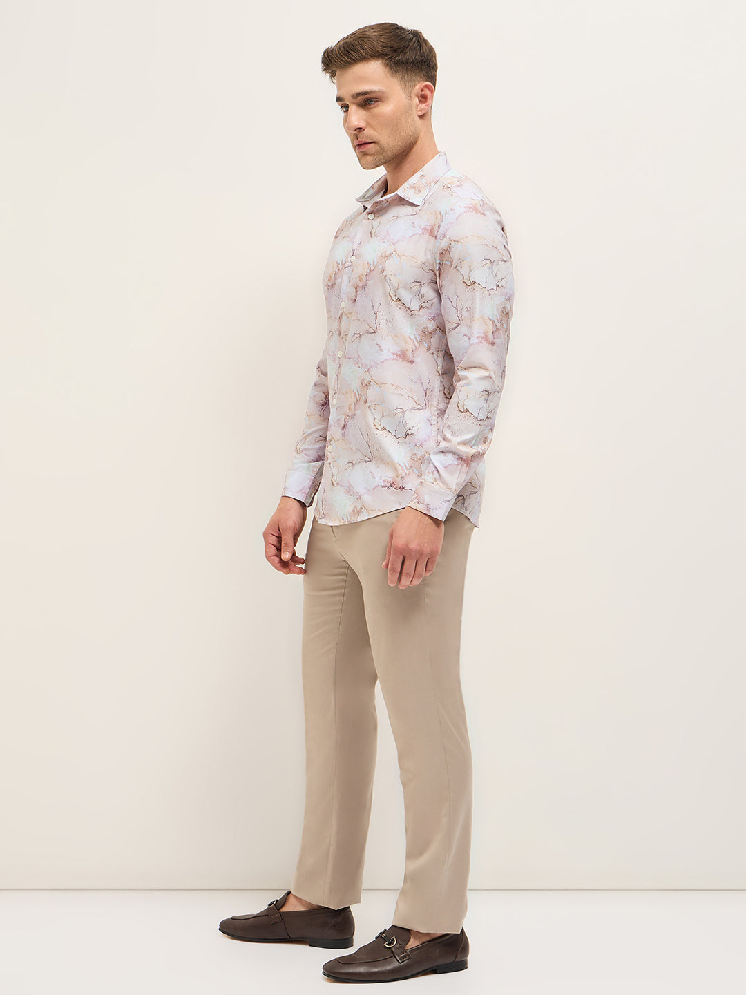 Men Shirt Pink Marble Abstract Print Tailored Fit Formal Shirt