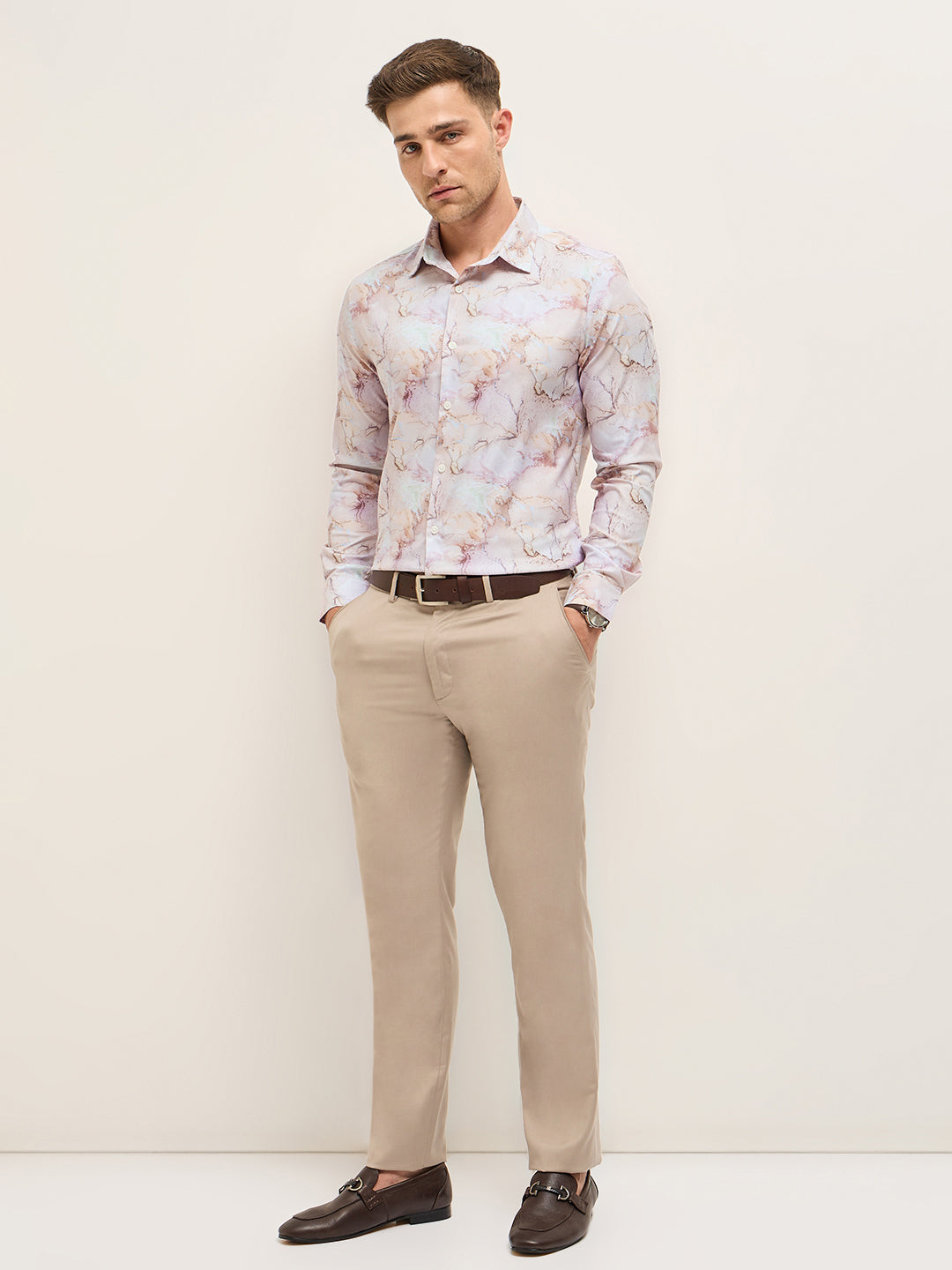 Men Shirt Pink Marble Abstract Print Tailored Fit Formal Shirt