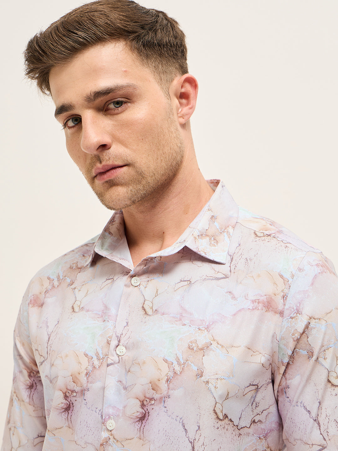 Men Shirt Pink Marble Abstract Print Tailored Fit Formal Shirt