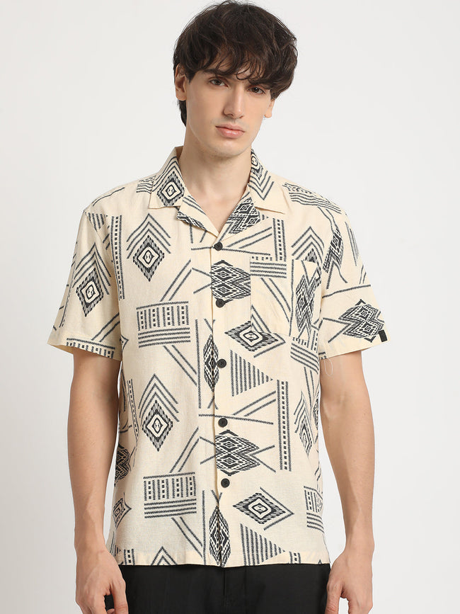 Men Cream Printed Regular Fit Cotton Casual Shirt