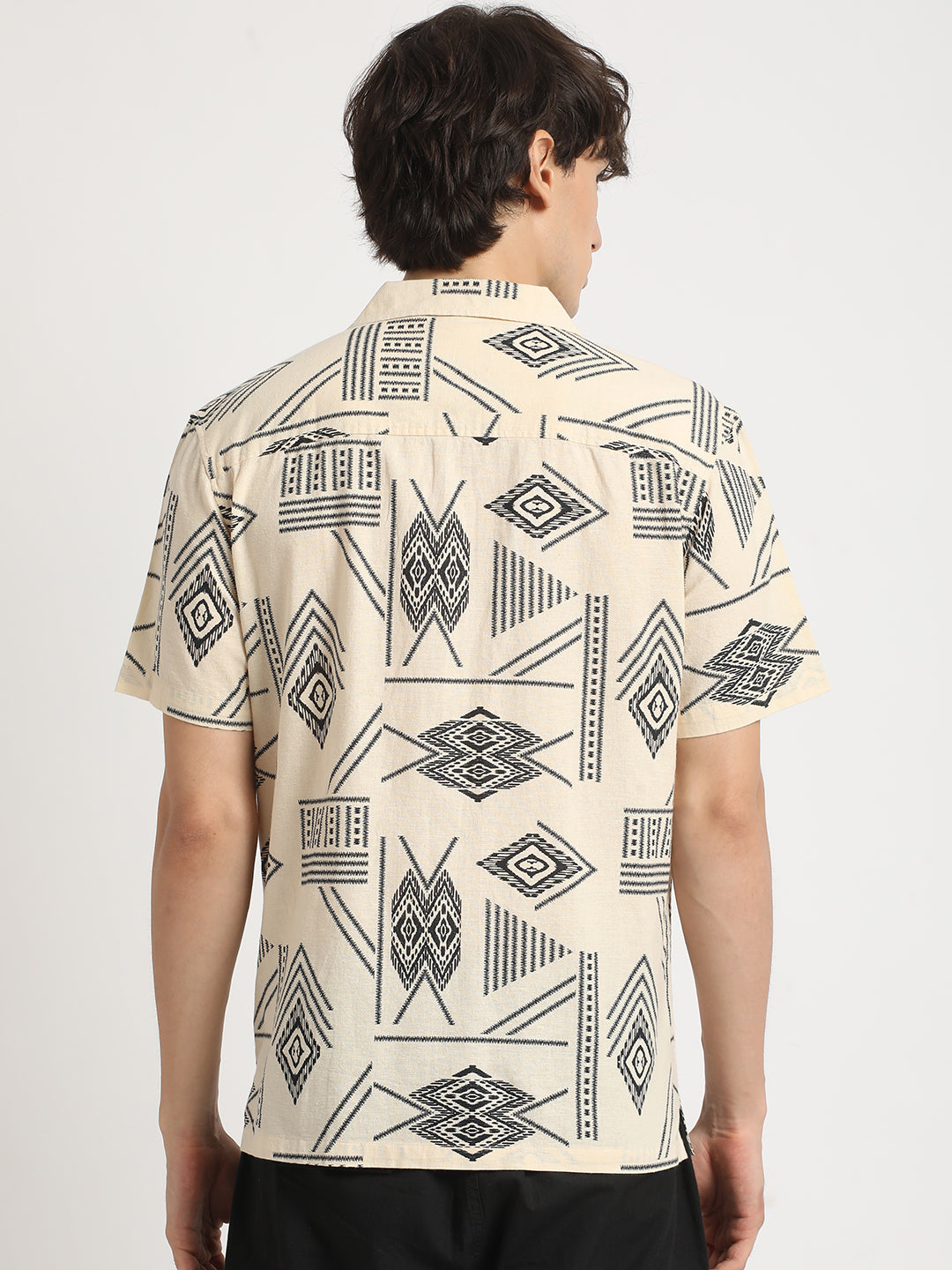 Men Cream Printed Regular Fit Cotton Casual Shirt