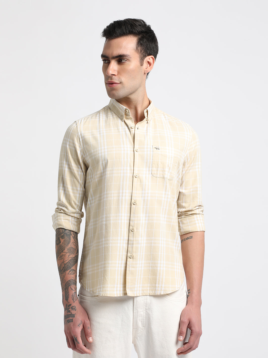 Men Beige Checked Slim Fit Cotton Casual Shirt