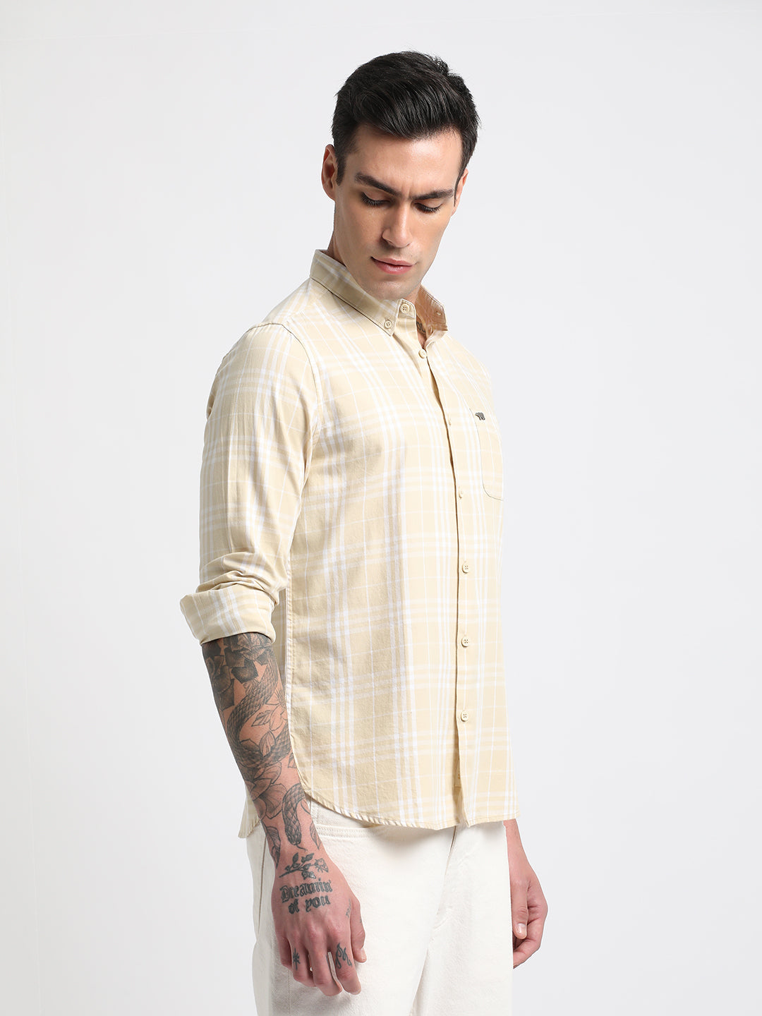 Men Beige Checked Slim Fit Cotton Casual Shirt