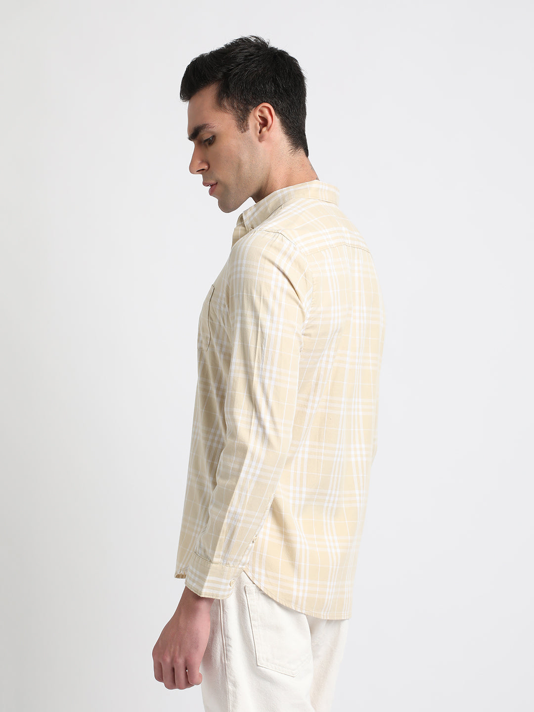 Men Beige Checked Slim Fit Cotton Casual Shirt