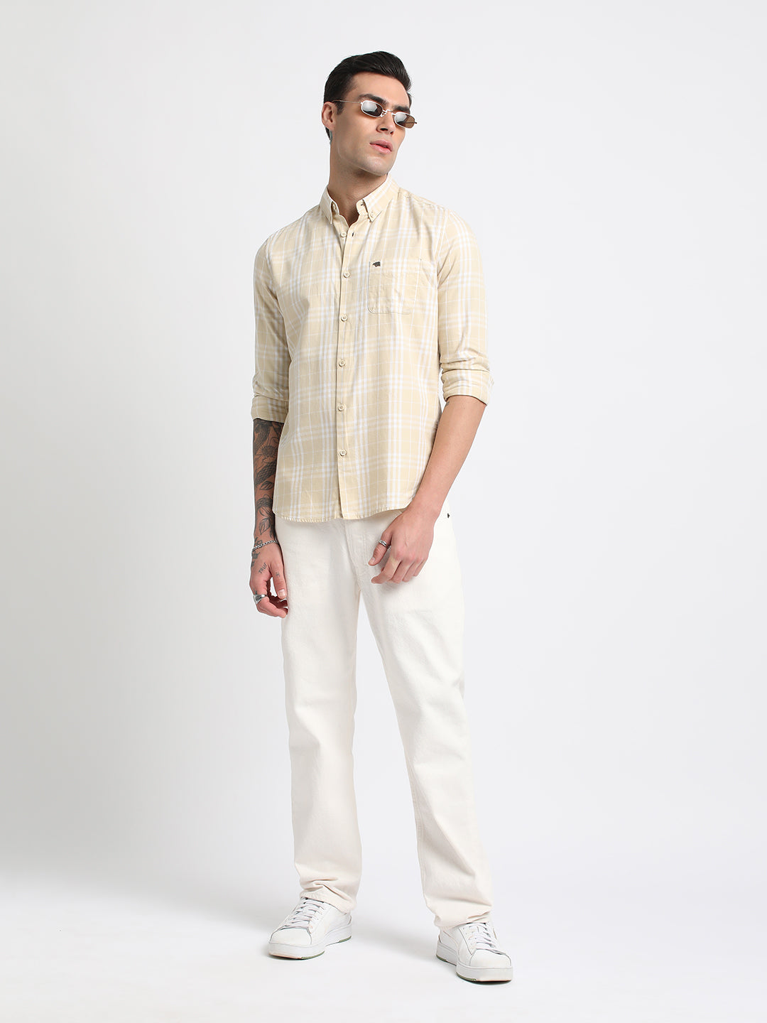 Men Beige Checked Slim Fit Cotton Casual Shirt