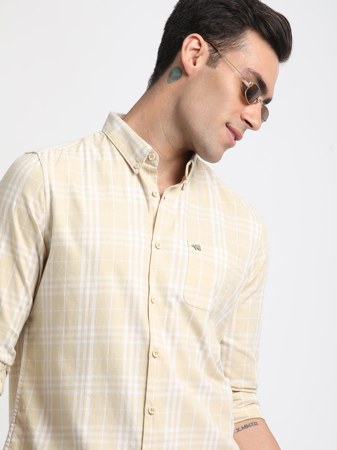 Men Beige Checked Slim Fit Cotton Casual Shirt
