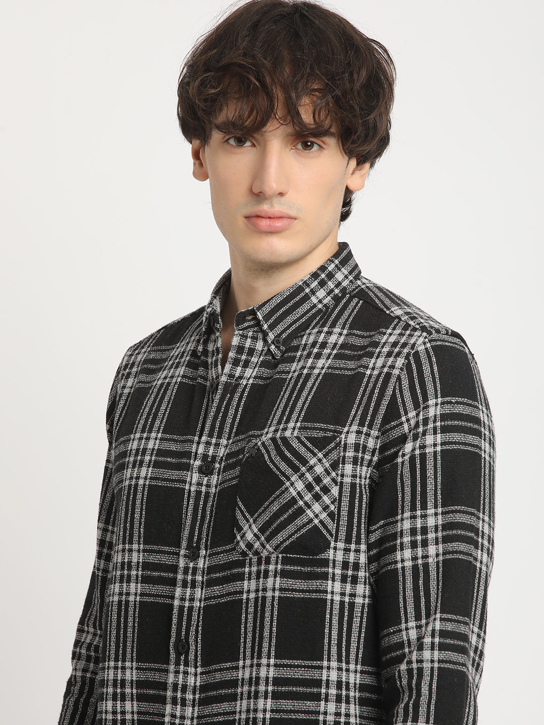 Men  Black Checked Slim Fit Cotton Casual Shirt