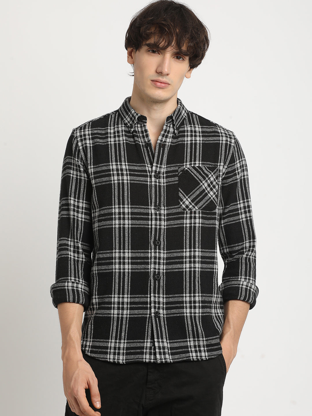 Men  Black Checked Slim Fit Cotton Casual Shirt