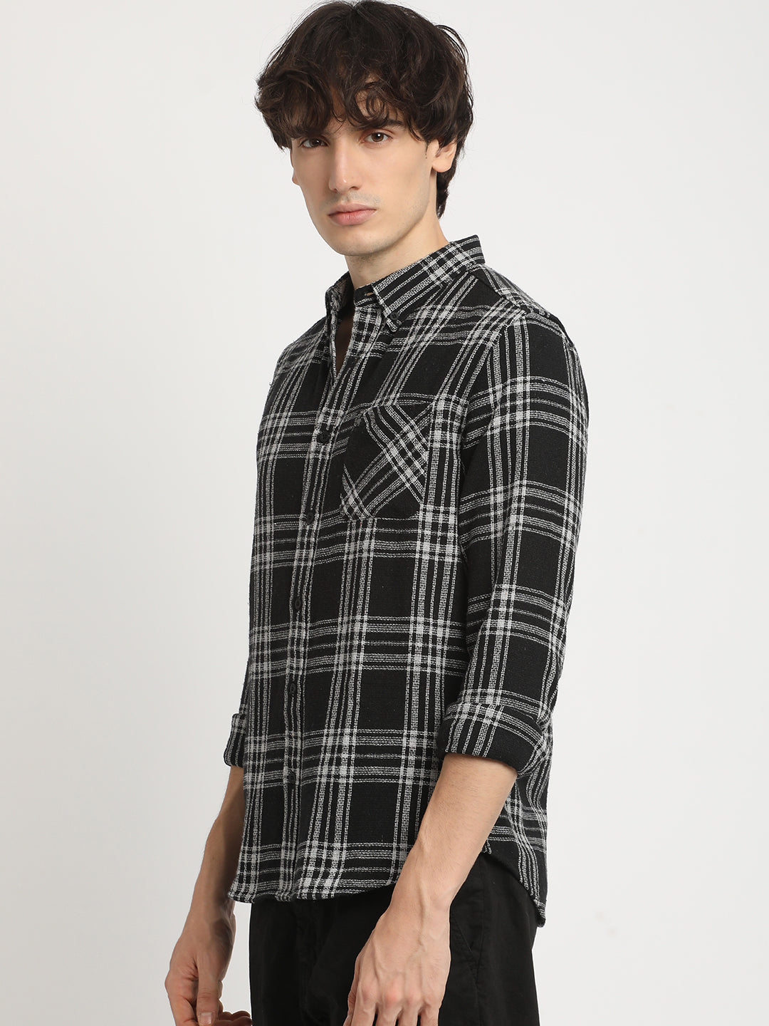 Men  Black Checked Slim Fit Cotton Casual Shirt