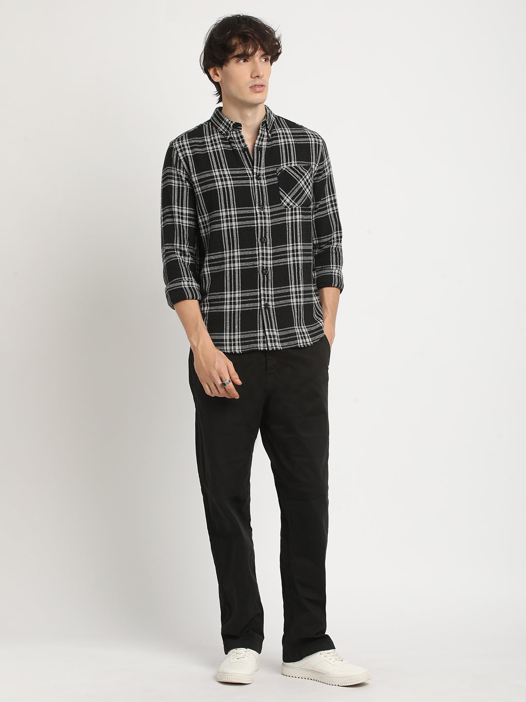 Men  Black Checked Slim Fit Cotton Casual Shirt