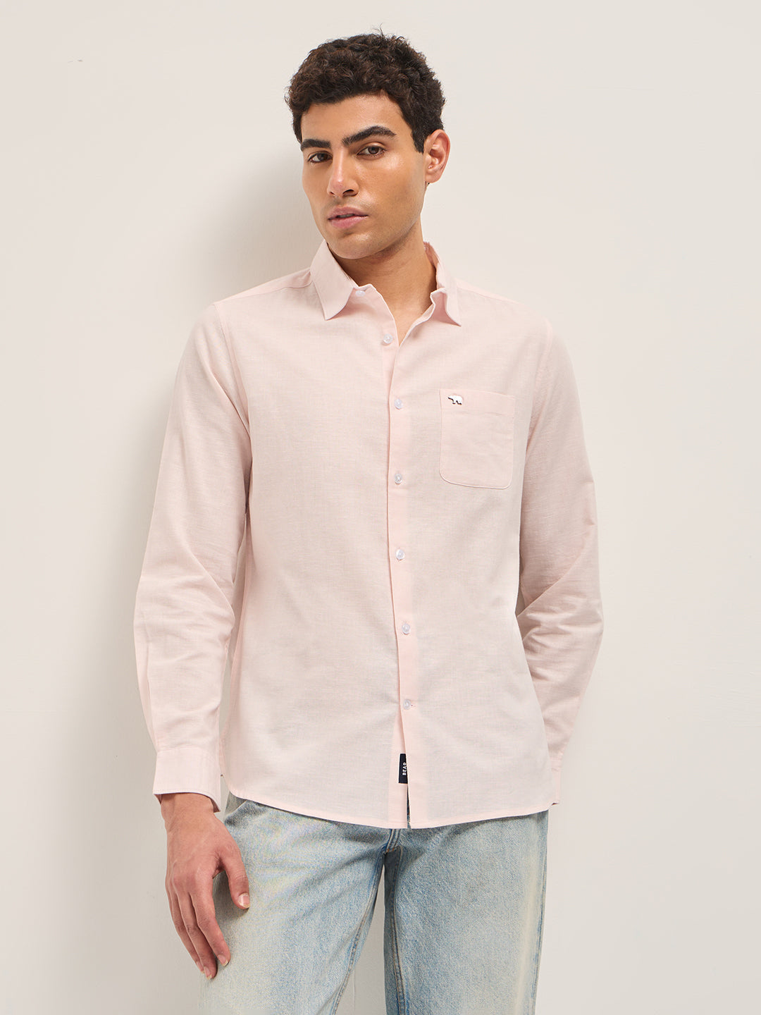Men Pink Cotton Linen Solid Shirt