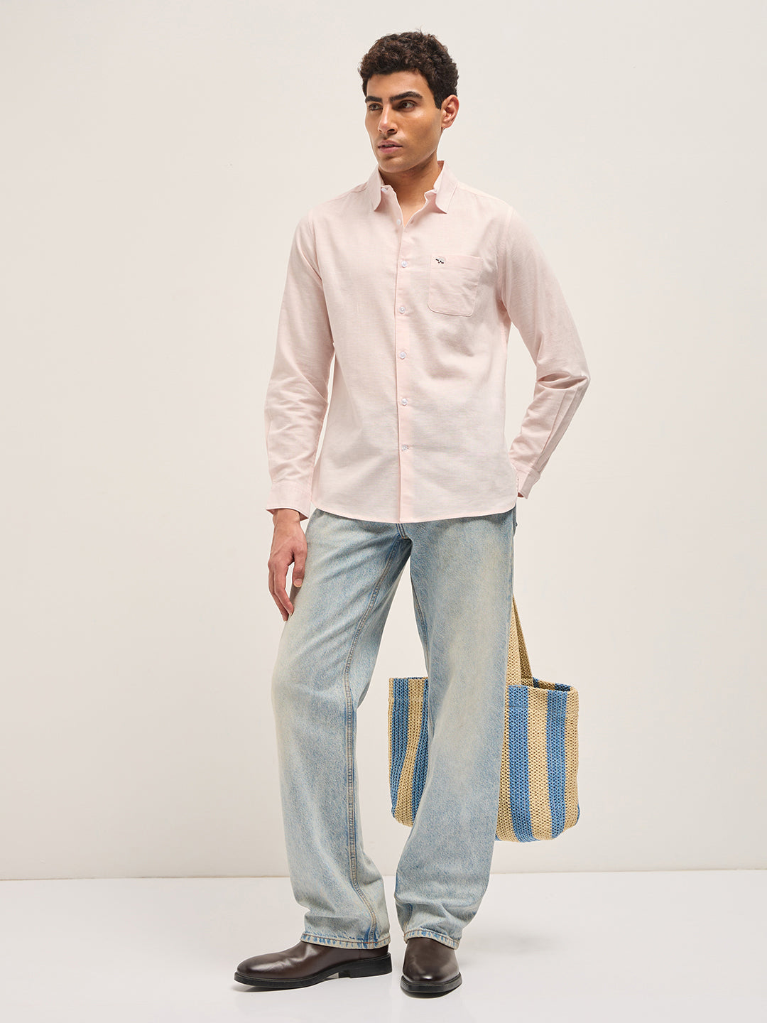Men Pink Cotton Linen Solid Shirt