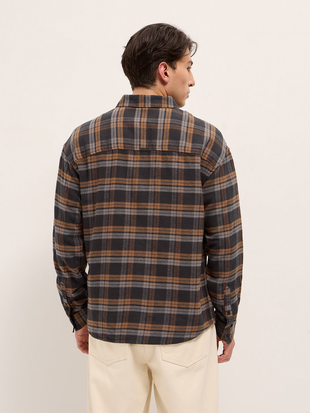 Men Brown Woven Checked Design Relax Fit Overshirt