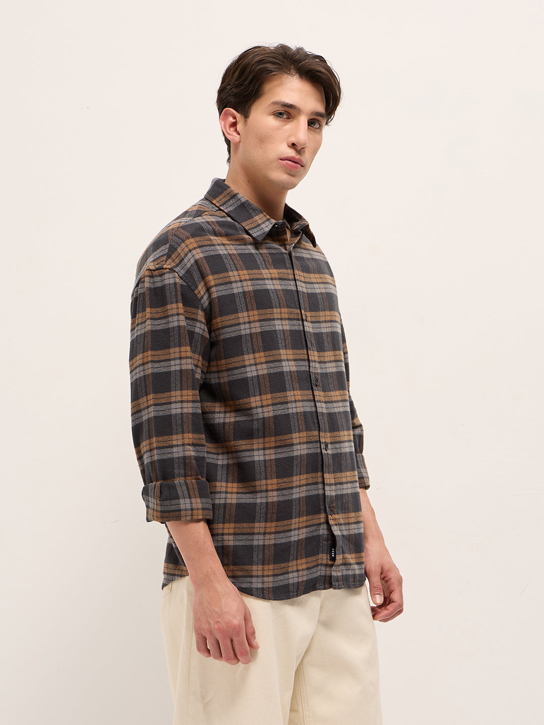 Men Brown Woven Checked Design Relax Fit Overshirt