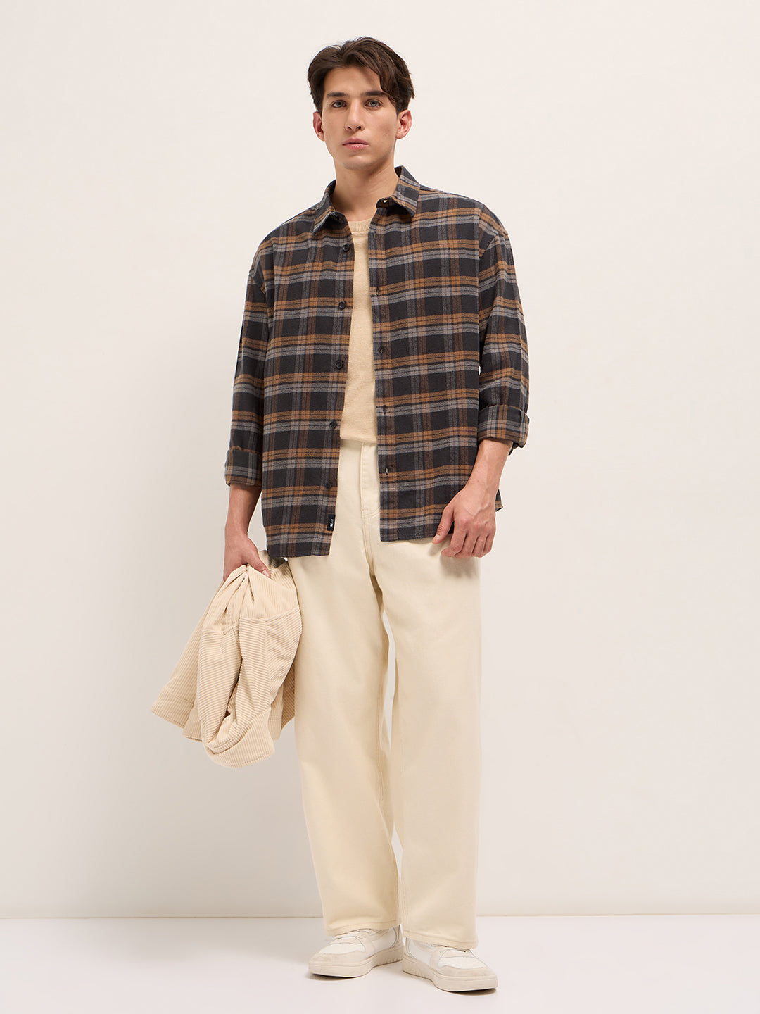 Men Brown Woven Checked Design Relax Fit Overshirt