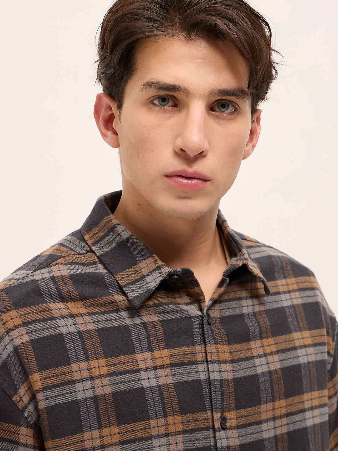 Men Brown Woven Checked Design Relax Fit Overshirt