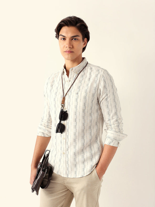 Men Blue Cotton Striped Shirt