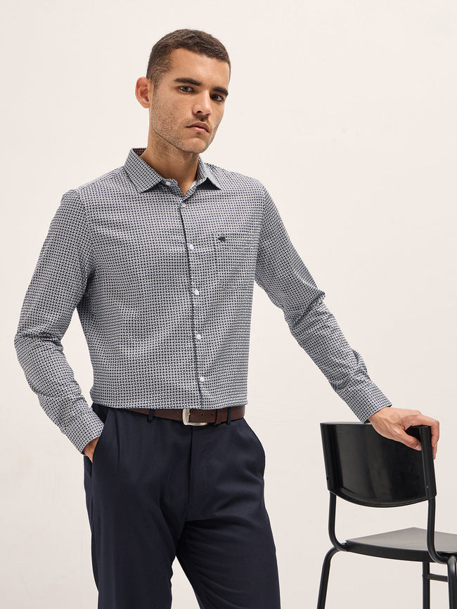 Men Navy BlueWhite Geometric Printed Tailored Fit Formal Shirt