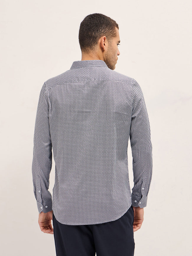 Men Navy BlueWhite Geometric Printed Tailored Fit Formal Shirt