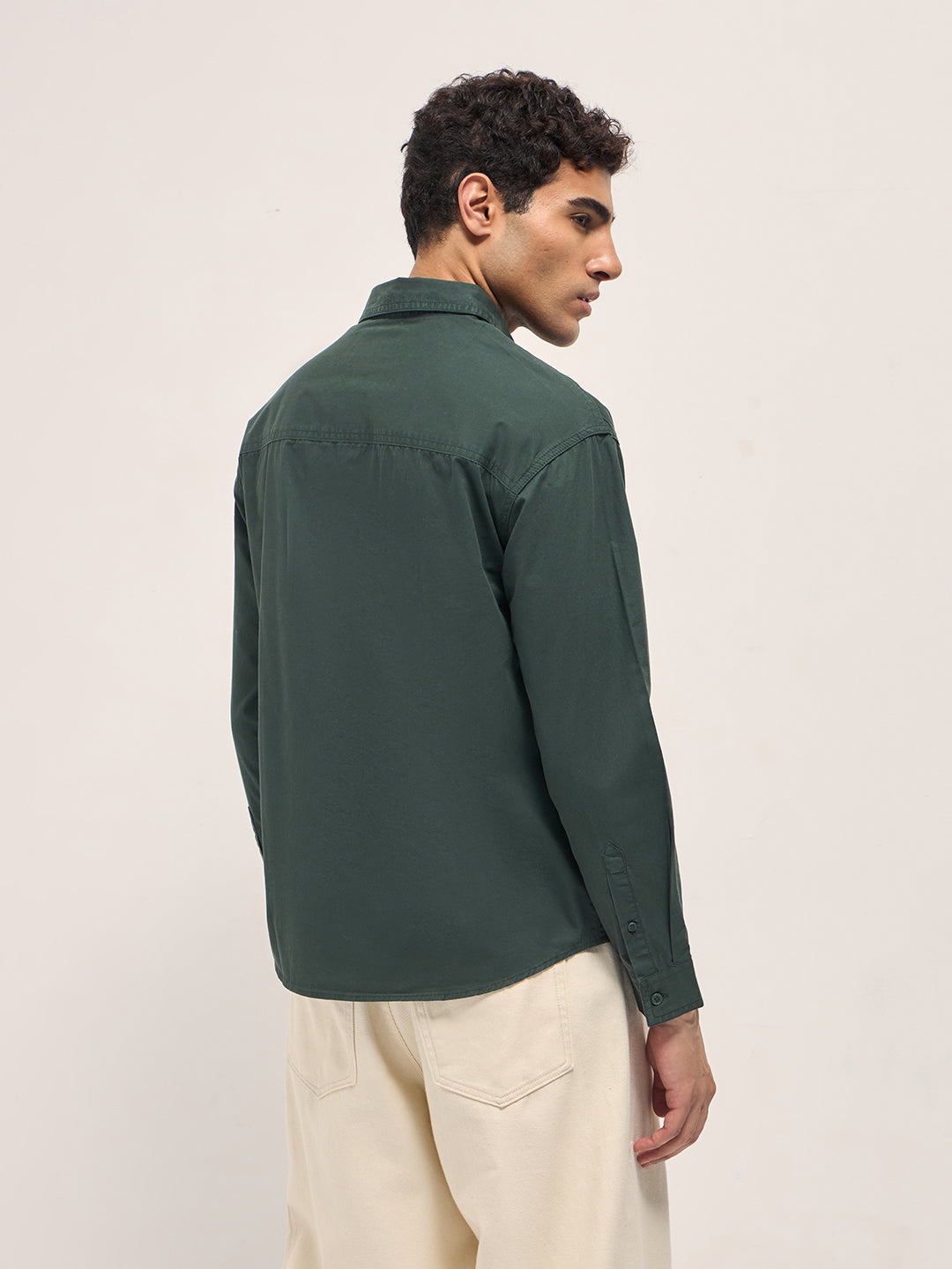Men Green Cotton Solid Relaxed Fit Overshirt