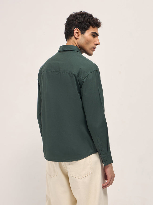 Men Green Cotton Solid Relaxed Fit Overshirt