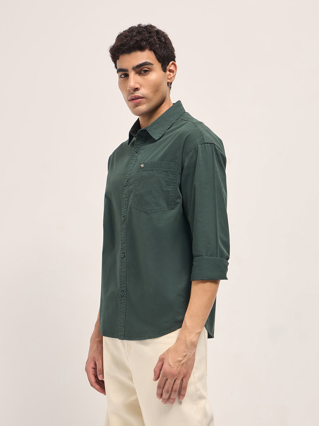 Men Green Cotton Solid Relaxed Fit Overshirt