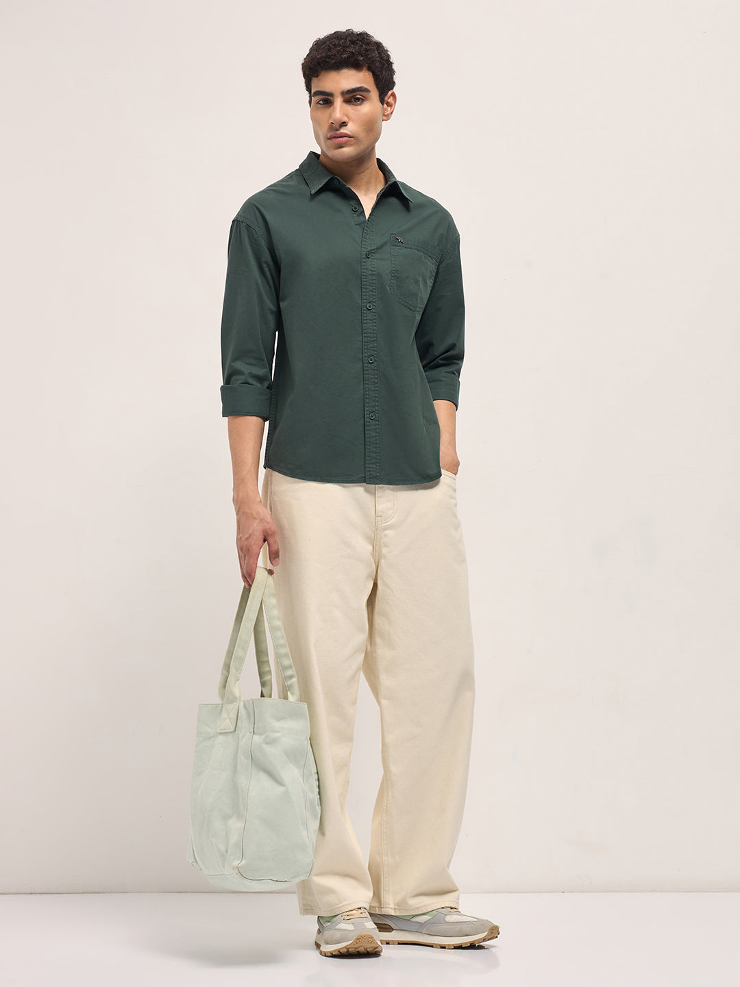 Men Green Cotton Solid Relaxed Fit Overshirt