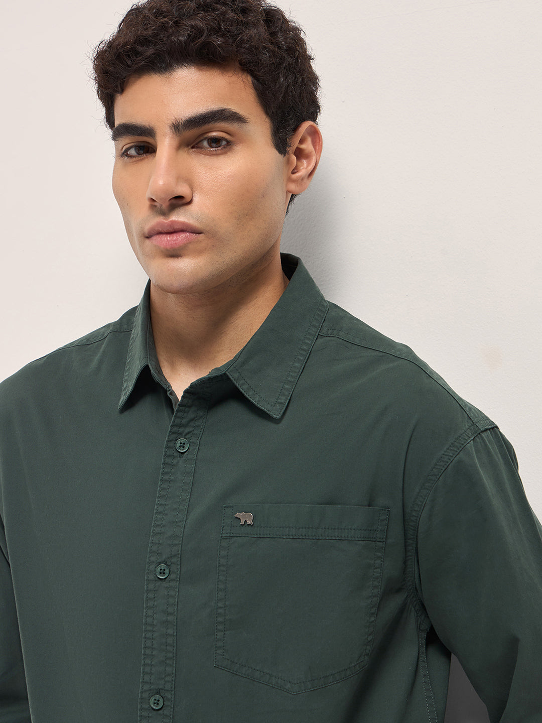 Men Green Cotton Solid Relaxed Fit Overshirt