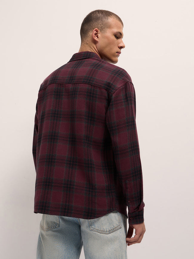 Men Maroon Tartan Checked Relaxed Fit Overshirt