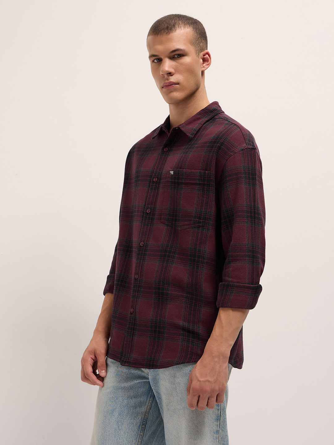 Men Maroon Tartan Checked Relaxed Fit Overshirt